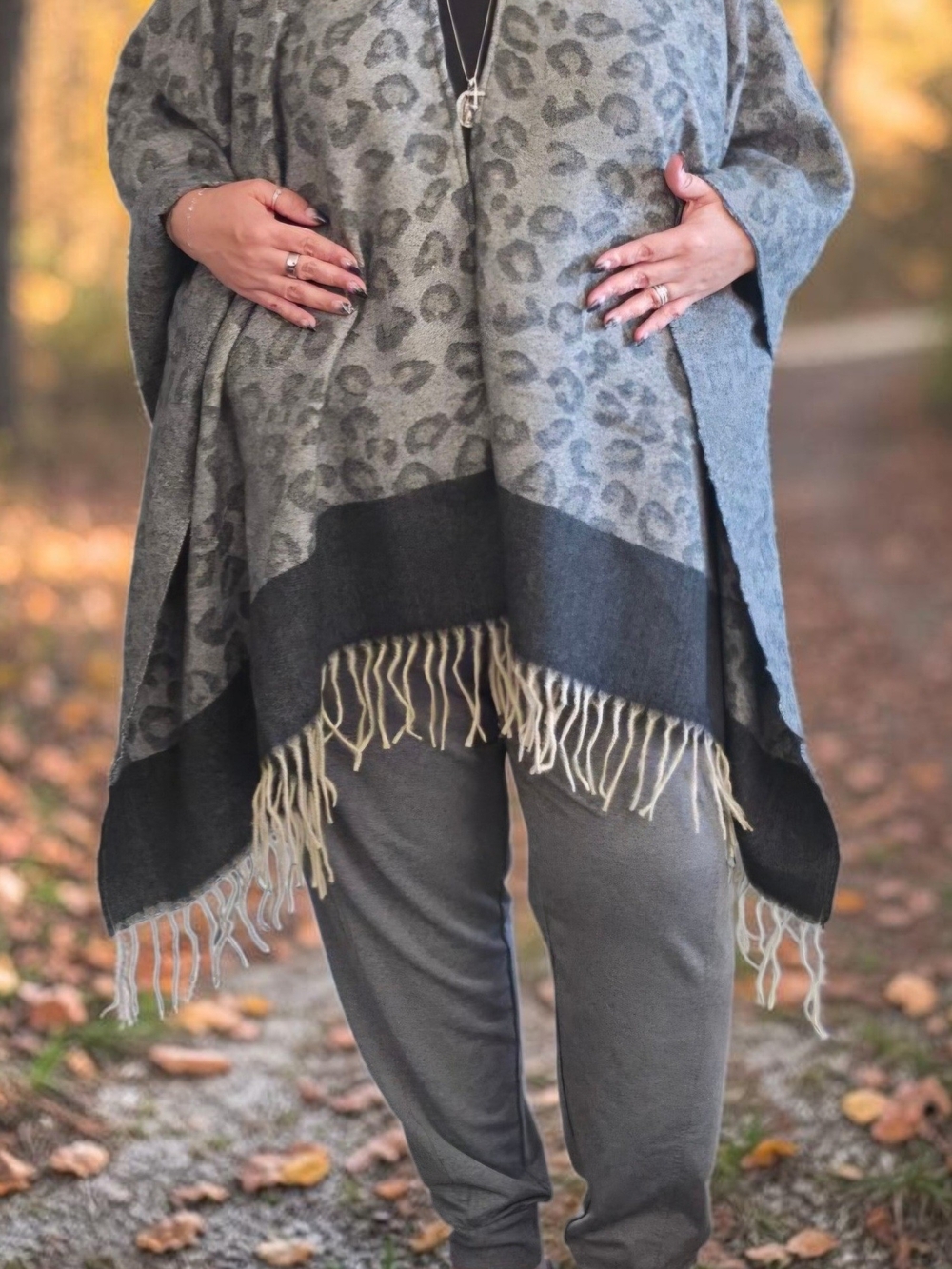 Do everything in love Grey Leopard-Print Fringe Poncho with Dark Border